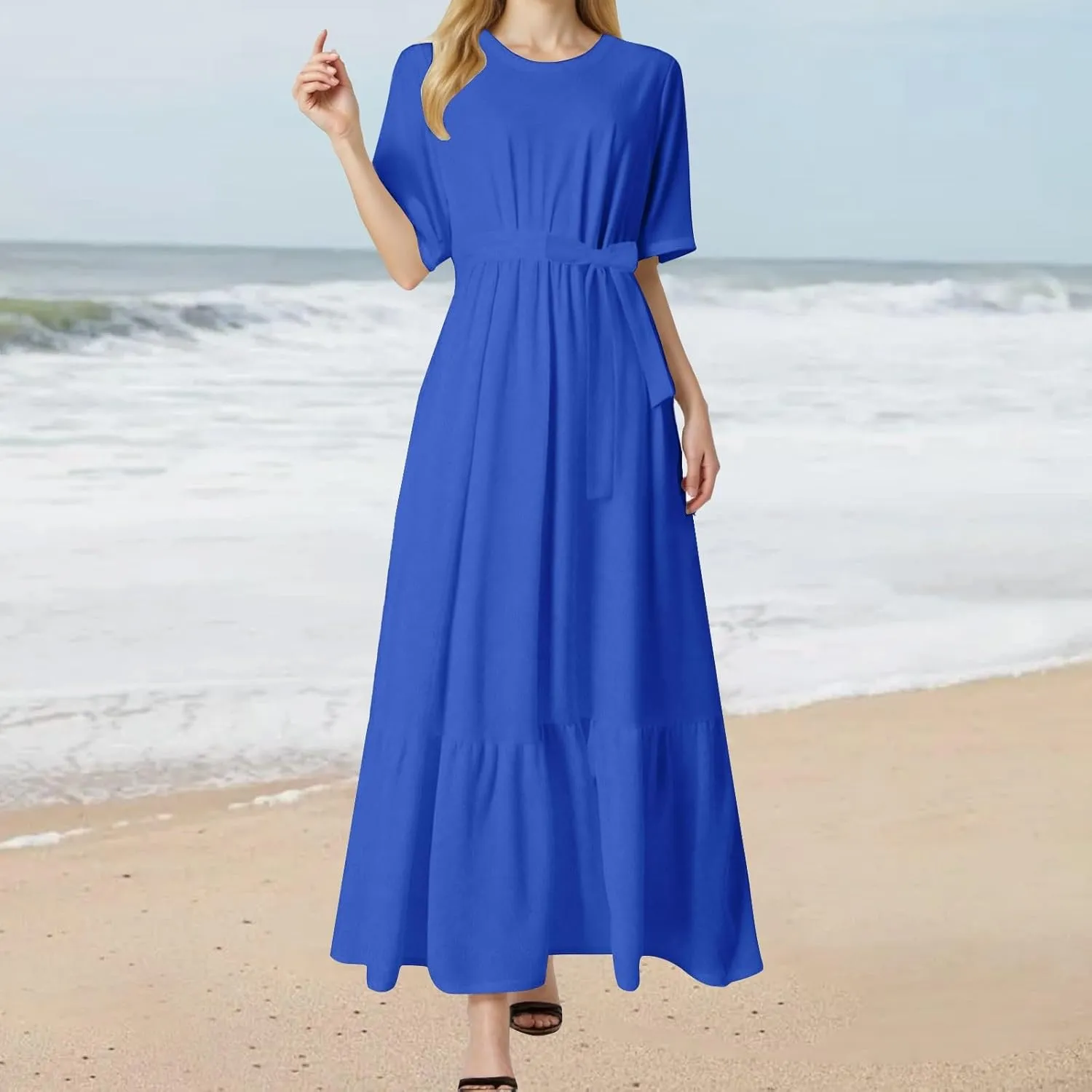 2025 Summer Maxi Dresses for Women Short Sleeve Floral Maxi Dress Trendy High Waist Long Dresses Business Work Dress