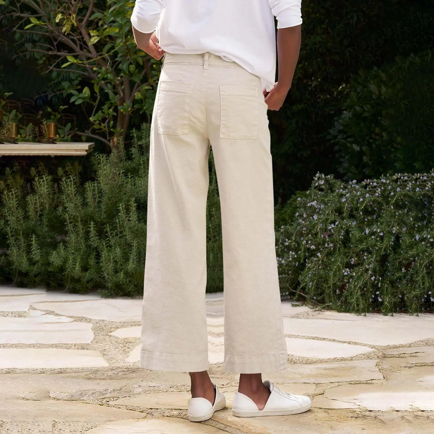 Cropped Linen Pants Women Elastic Waist Wide Leg Dress Pants Comfy Business Casual Work Pants Trousers with Pockets