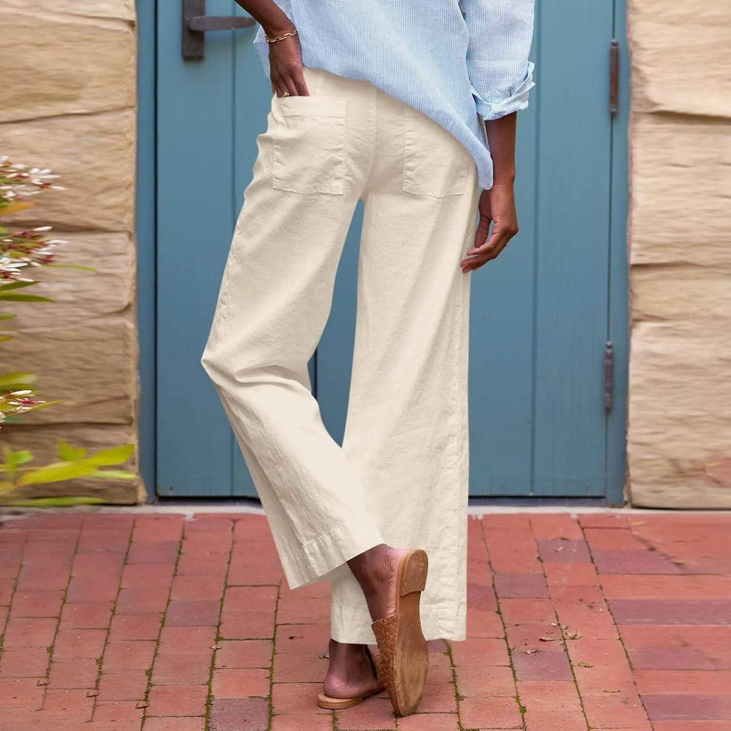 Cropped Linen Pants Women Elastic Waist Wide Leg Dress Pants Comfy Business Casual Work Pants Trousers with Pockets