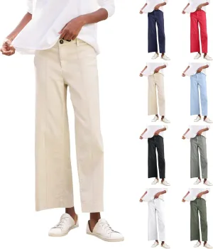 Cropped Linen Pants Women Elastic Waist Wide Leg Dress Pants Comfy Business Casual Work Pants Trousers with Pockets