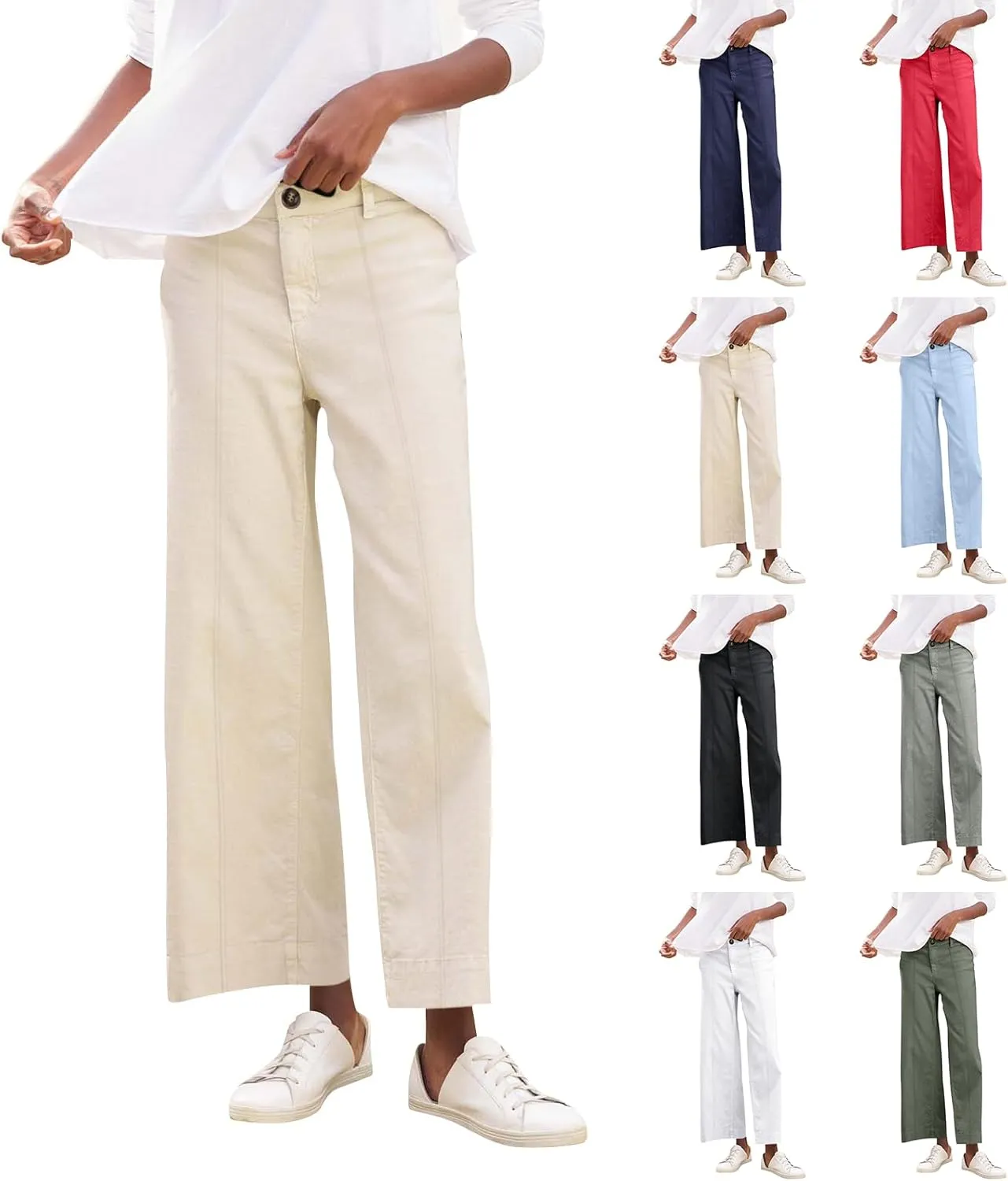 Cropped Linen Pants Women Elastic Waist Wide Leg Dress Pants Comfy Business Casual Work Pants Trousers with Pockets