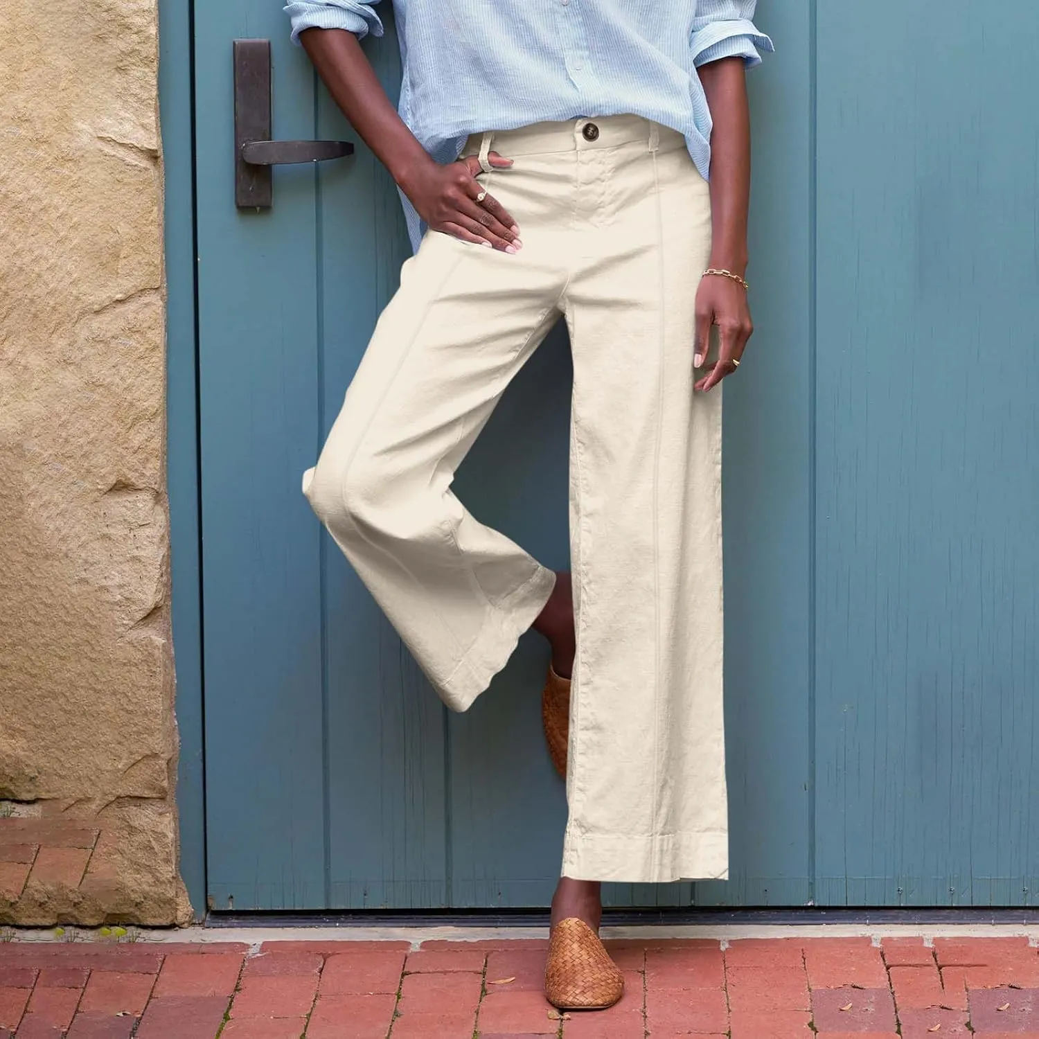 Cropped Linen Pants Women Elastic Waist Wide Leg Dress Pants Comfy Business Casual Work Pants Trousers with Pockets