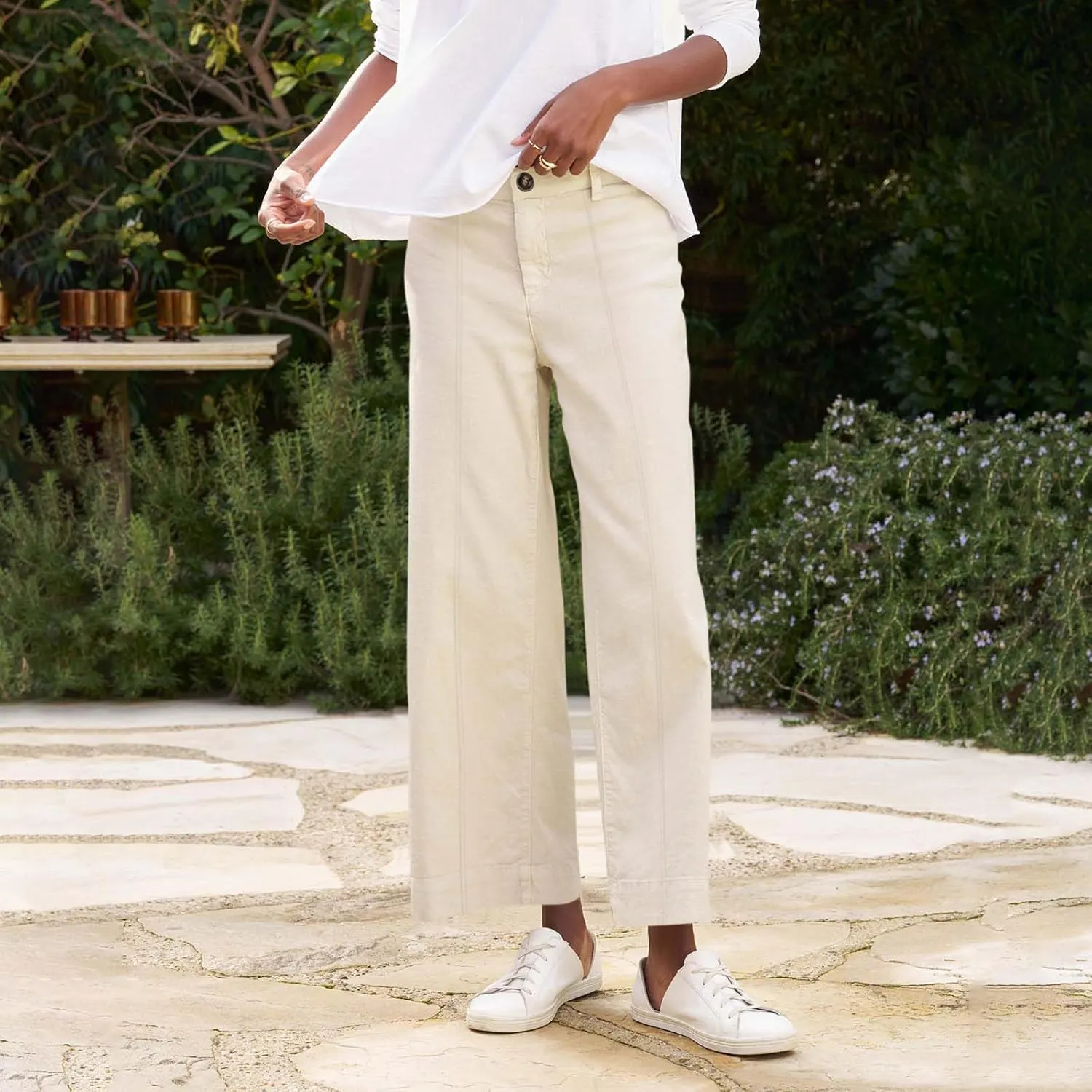 Cropped Linen Pants Women Elastic Waist Wide Leg Dress Pants Comfy Business Casual Work Pants Trousers with Pockets
