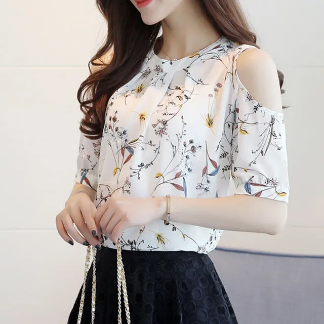 Elegant Chiffon Print Floral Open Shoulder Tops Blouses Plus Size