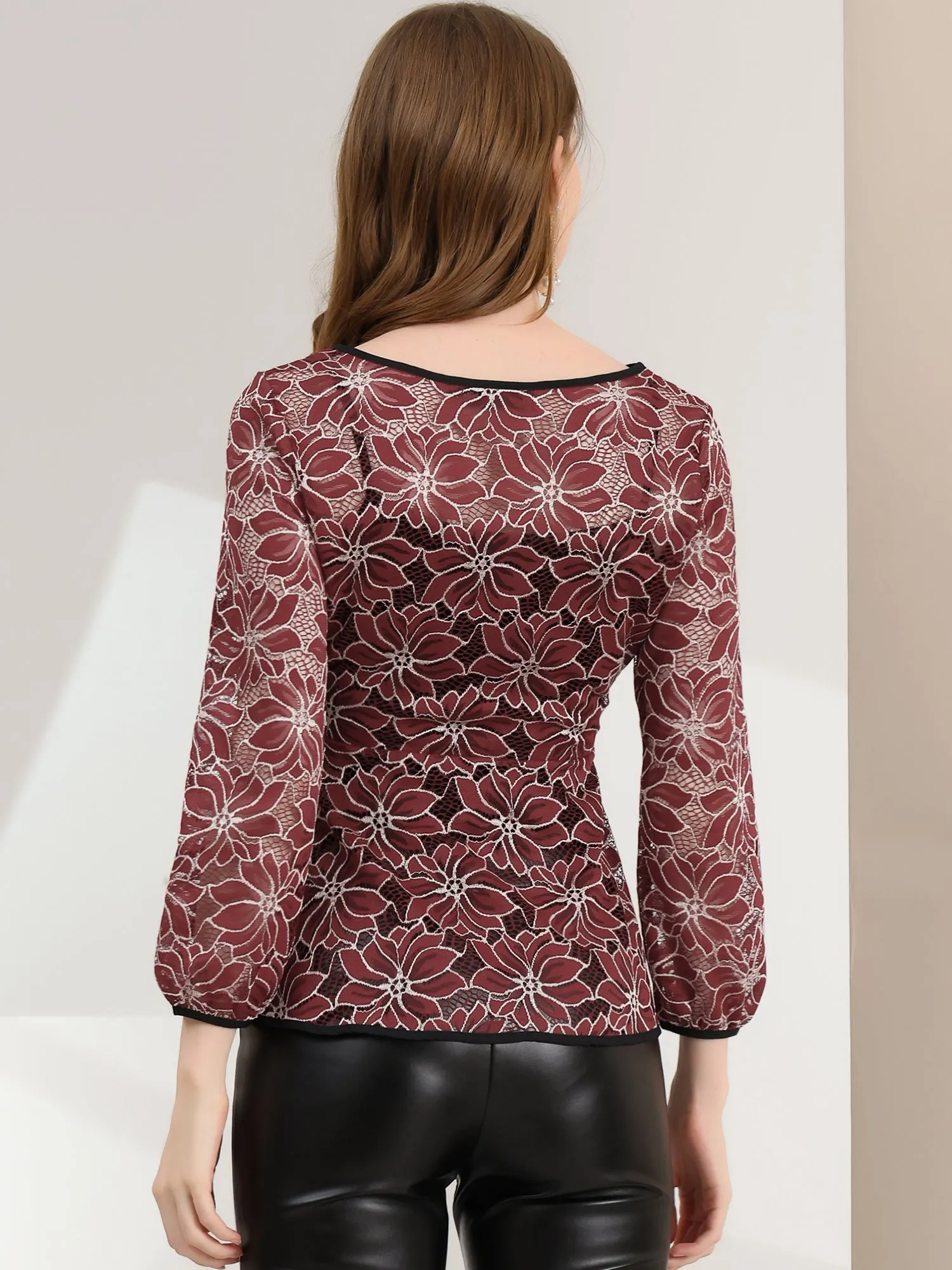 Elegant Tie Waist Long Sleeve Top Lace Peplum Blouses