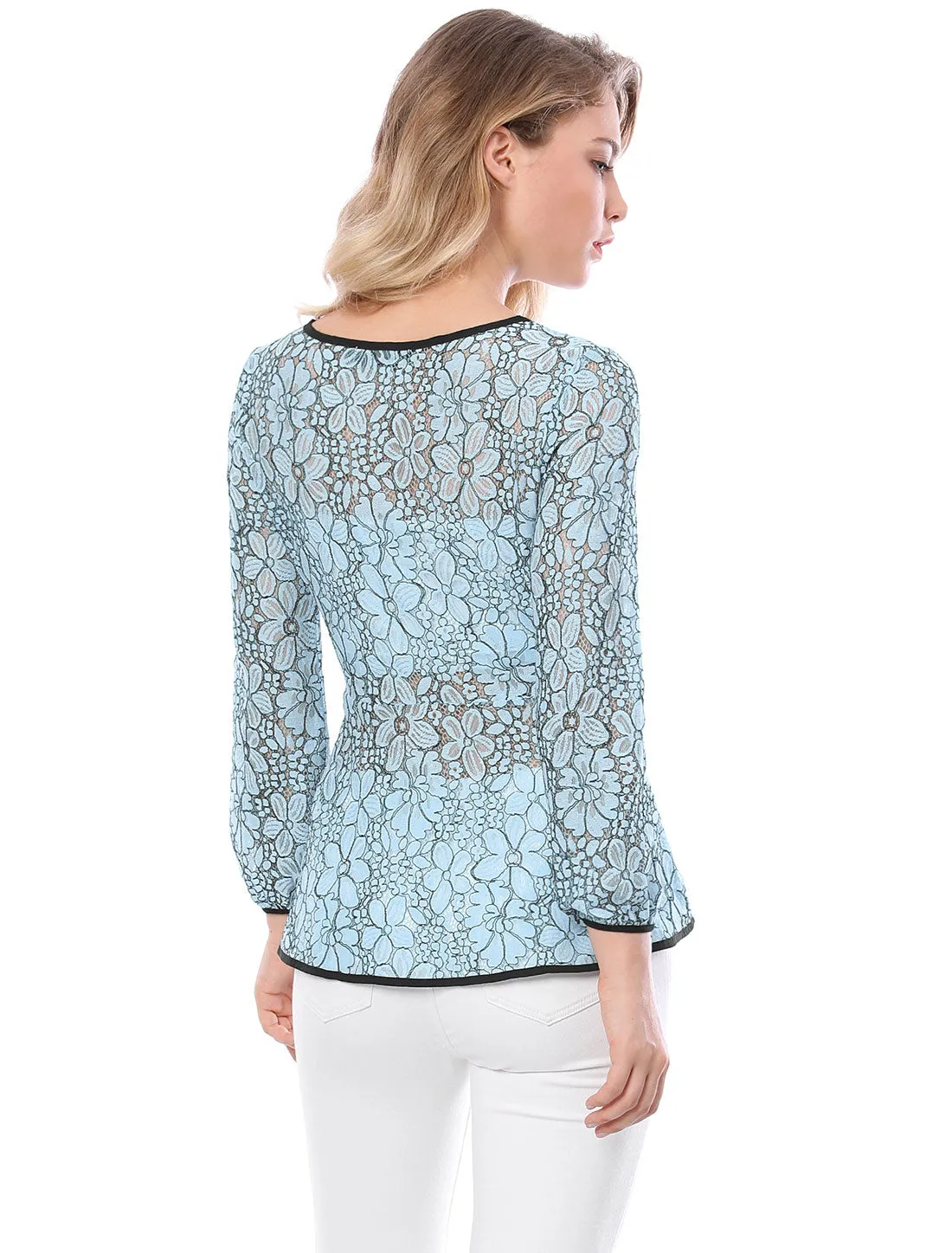 Elegant Tie Waist Long Sleeve Top Lace Peplum Blouses