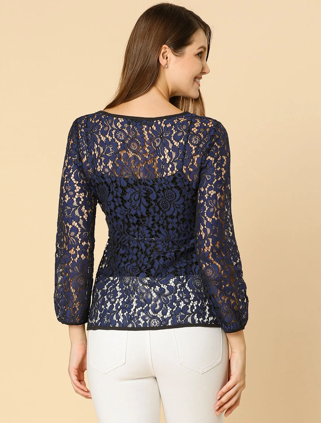 Elegant Tie Waist Long Sleeve Top Lace Peplum Blouses