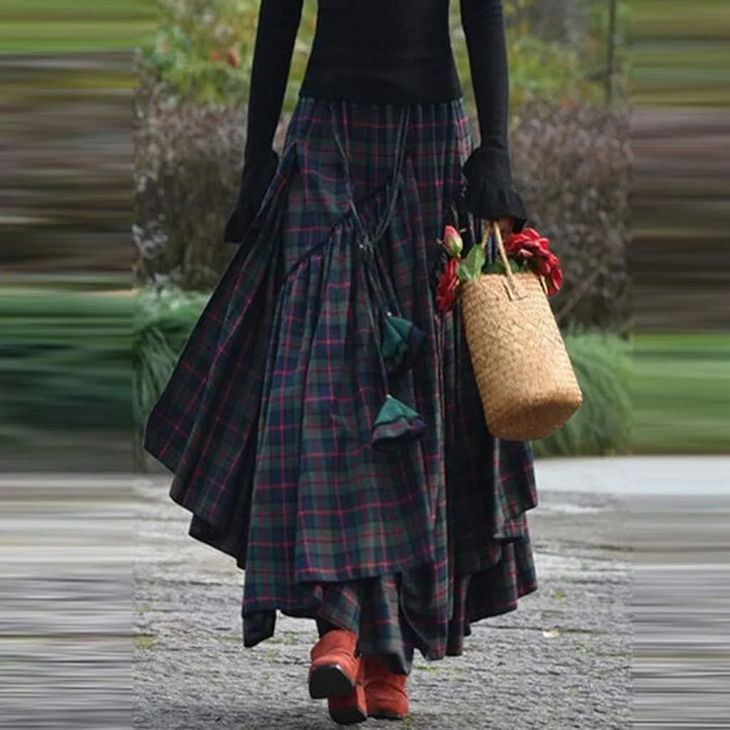 Fashion Women Loose Plaid Print Fringe Irregular Waiste Skirt Leather Skirts for Women High Waist
