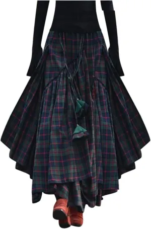 Fashion Women Loose Plaid Print Fringe Irregular Waiste Skirt Leather Skirts for Women High Waist