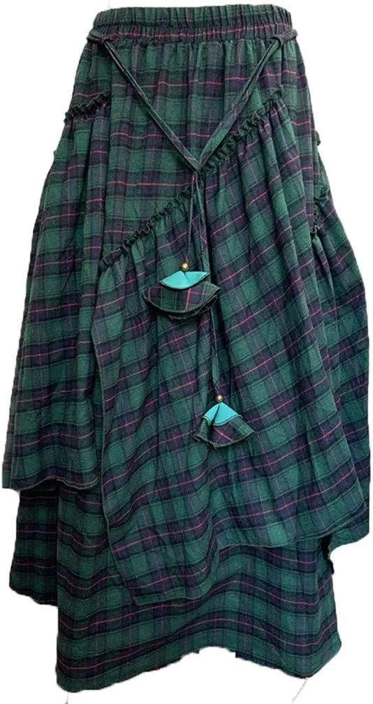 Fashion Women Loose Plaid Print Fringe Irregular Waiste Skirt Leather Skirts for Women High Waist