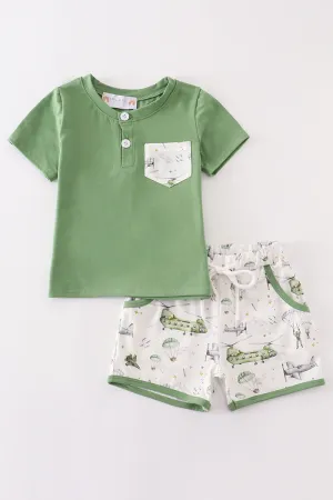 Green helicopter boy shorts set