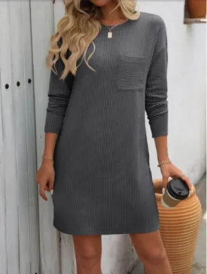 Grey - Textured Stripe Pattern T-Shirt Dress