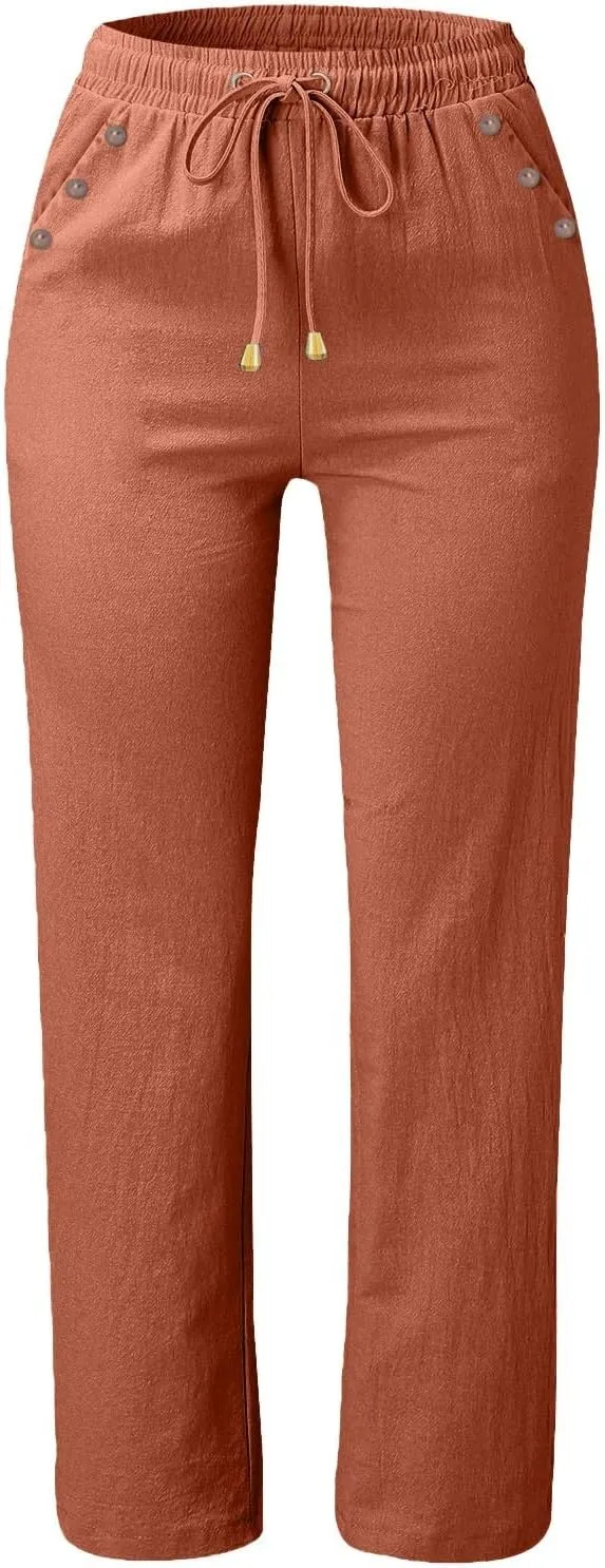 High Waisted Linen Pants Women Summer Boho Cotton Palazzo Pants Casual Summer Wide Leg Flowy Beach Pants with Pockets