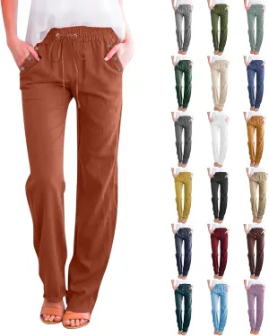 High Waisted Linen Pants Women Summer Boho Cotton Palazzo Pants Casual Summer Wide Leg Flowy Beach Pants with Pockets