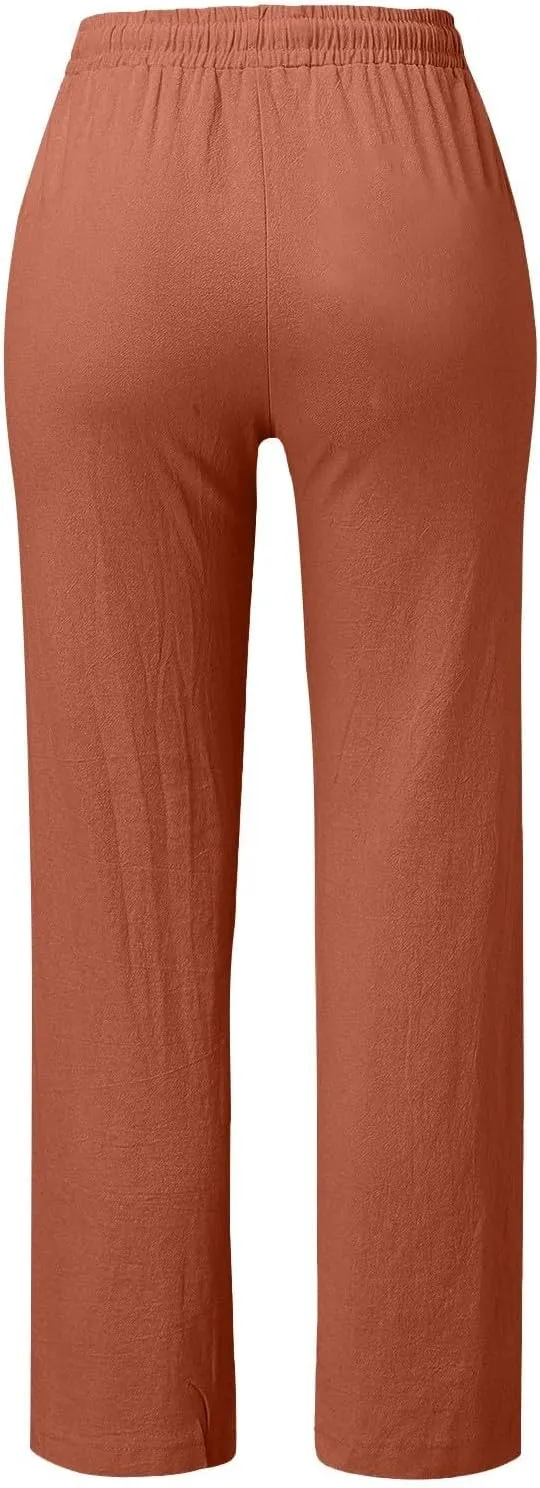 High Waisted Linen Pants Women Summer Boho Cotton Palazzo Pants Casual Summer Wide Leg Flowy Beach Pants with Pockets