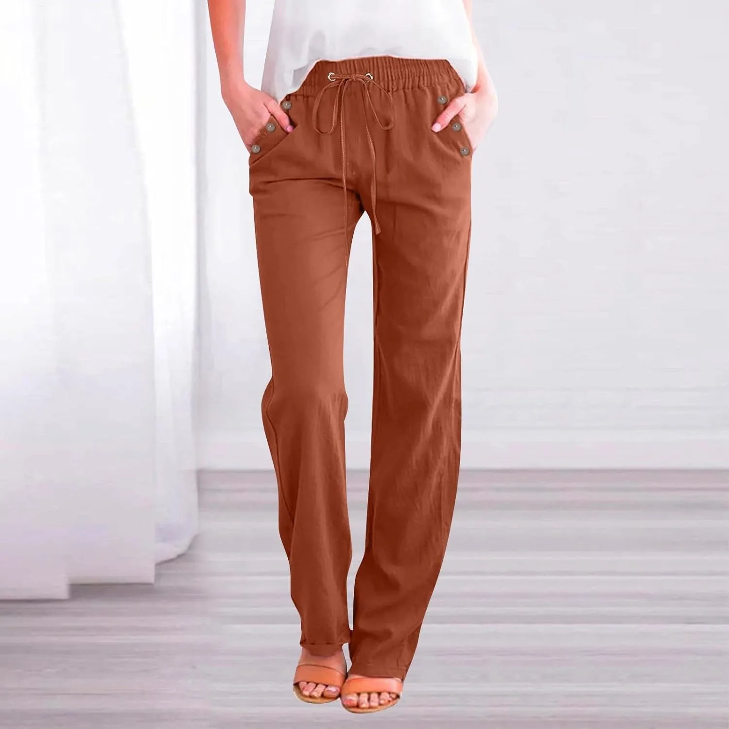High Waisted Linen Pants Women Summer Boho Cotton Palazzo Pants Casual Summer Wide Leg Flowy Beach Pants with Pockets