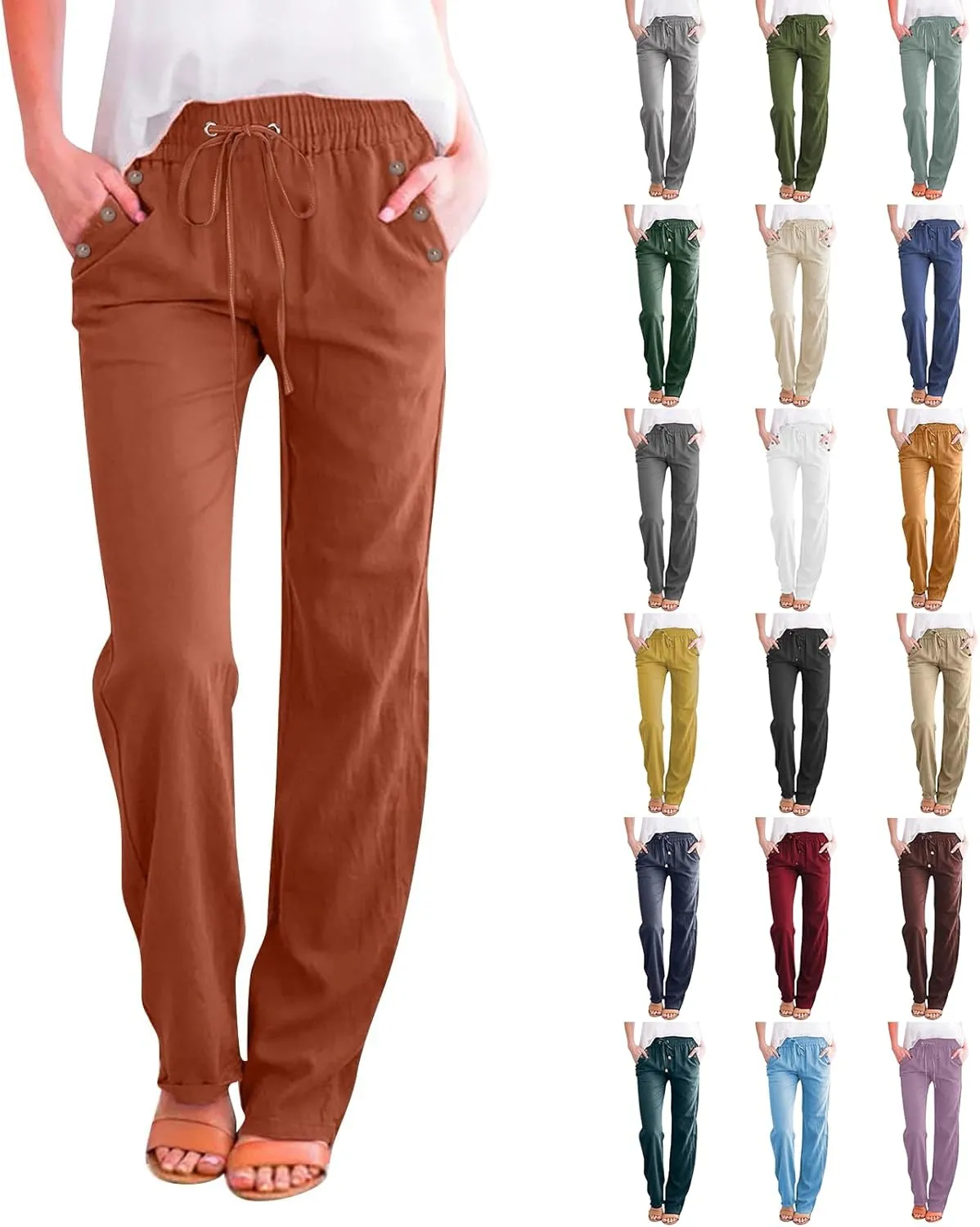 High Waisted Linen Pants Women Summer Boho Cotton Palazzo Pants Casual Summer Wide Leg Flowy Beach Pants with Pockets