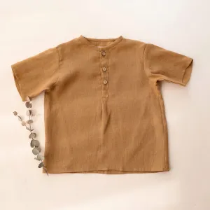 Latte Linen Short Sleeve Buttoned Top