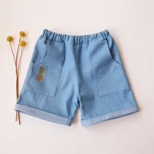 Light Blue Denim Cuffed Shorts with "Pineapple" Embroidery