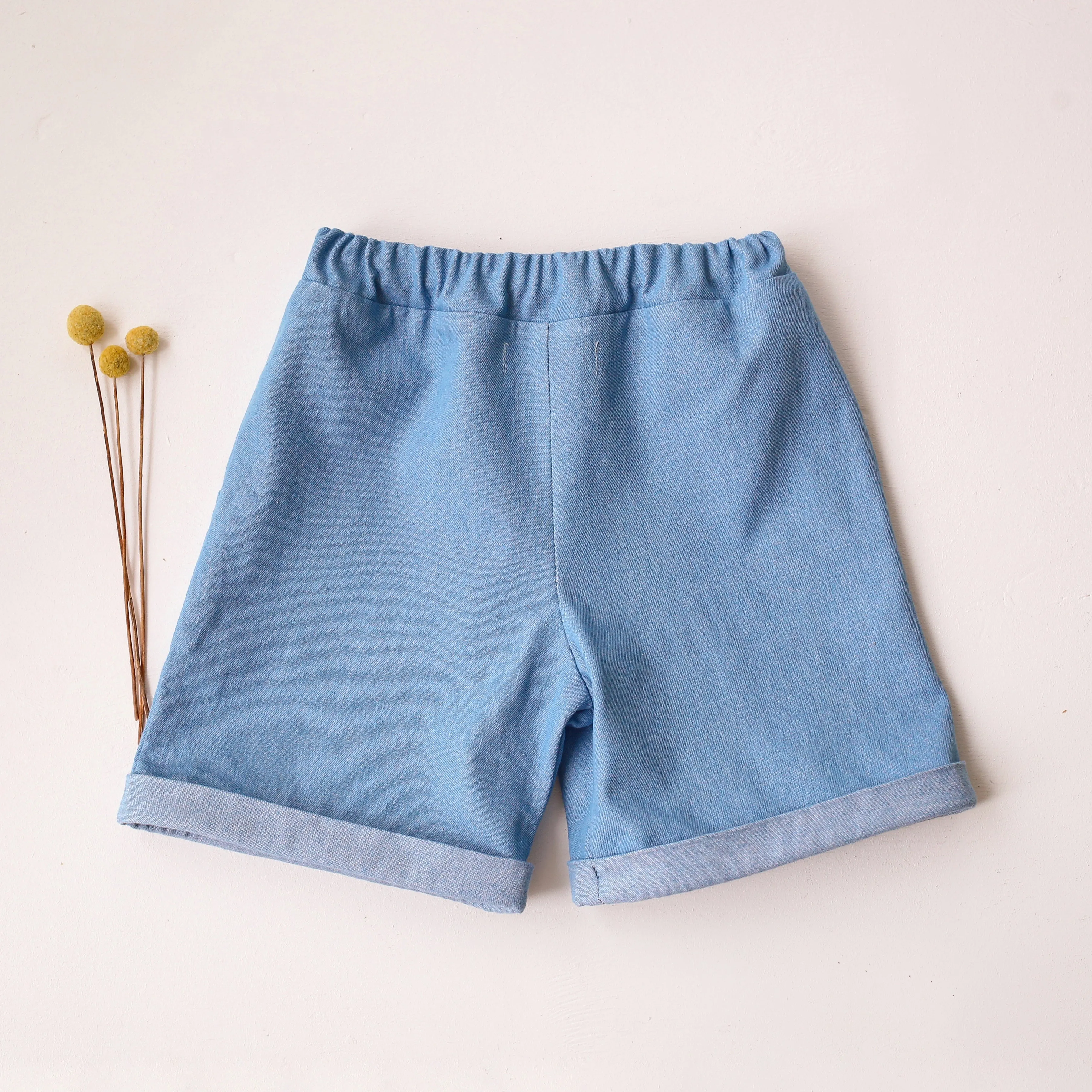 Light Blue Denim Cuffed Shorts with "Pineapple" Embroidery