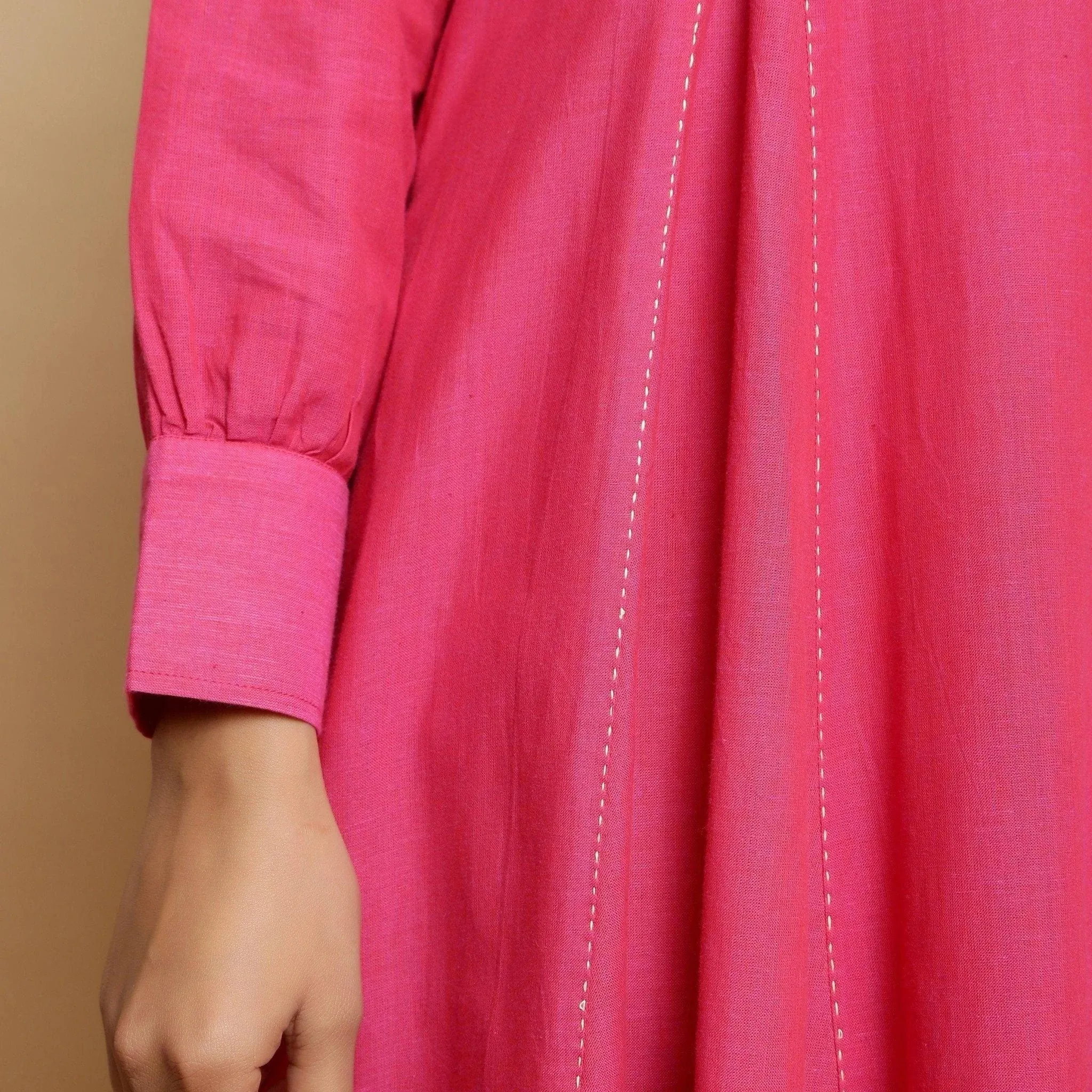 Magenta Hand-Embroidered Cotton Paneled Midi Dress