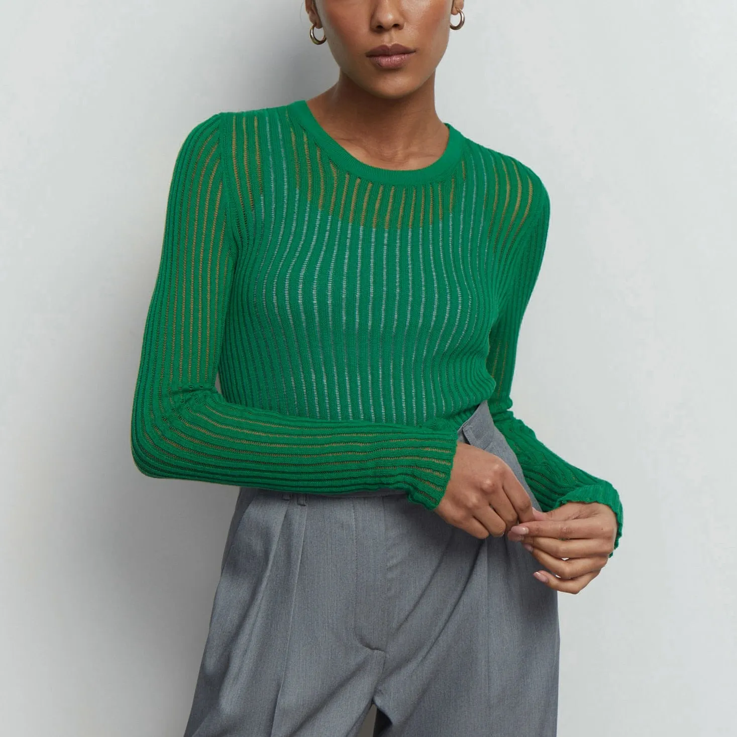 NYE Fashion White Elegant Striped See Through Women Tops | Long Sleeve T-Shirts Tees | Skinny Fit for Club & Party | Trendy and Stylish Clothes"