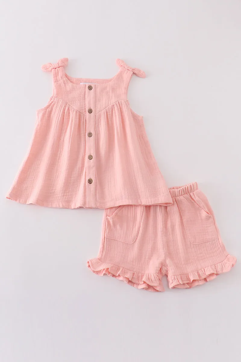 Premium Pink muslin bow shorts set