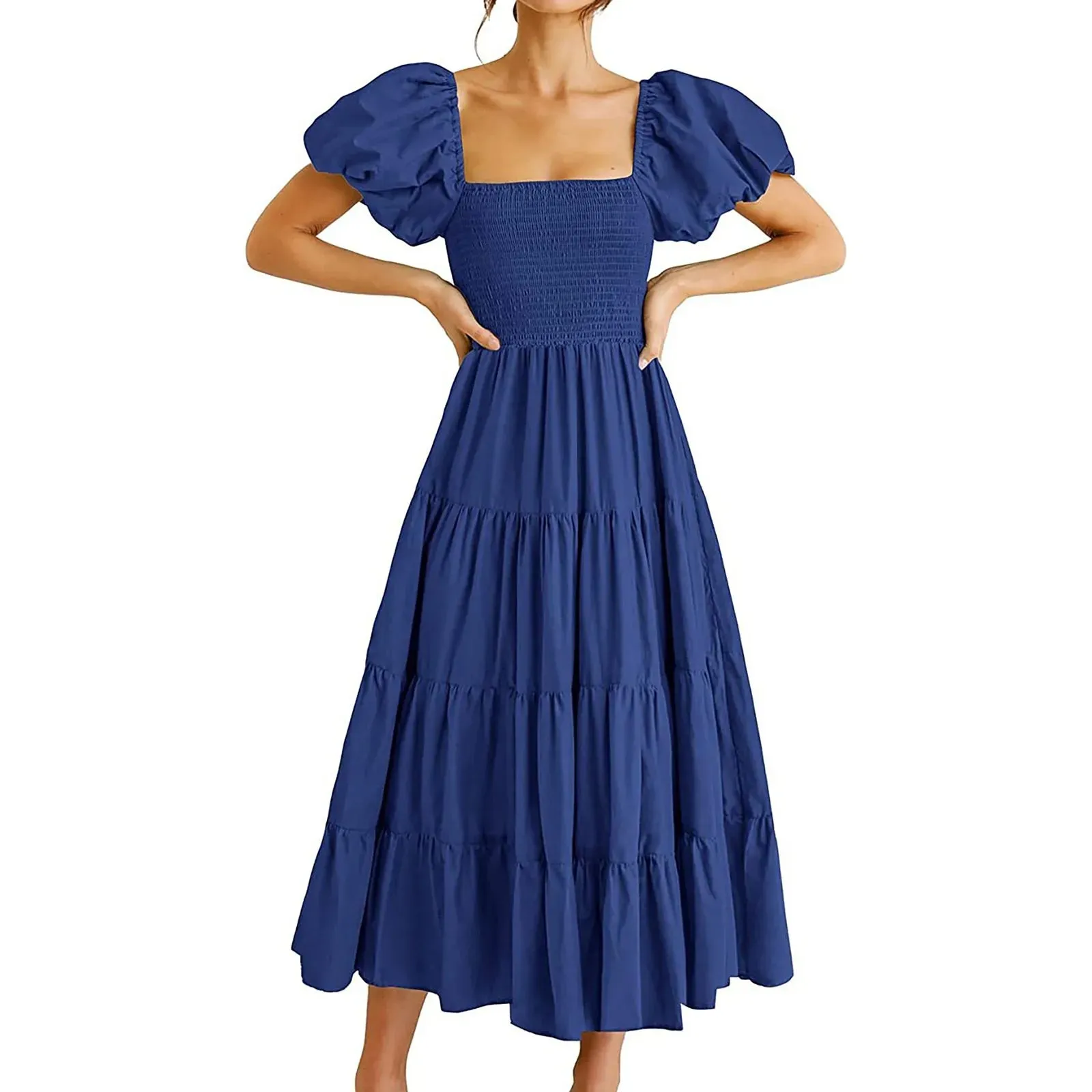 Ruffles Puffed Sleeves Square Neck Bow A Line High Waist Floral Summer Princess Pleated Casual Sexy Dress