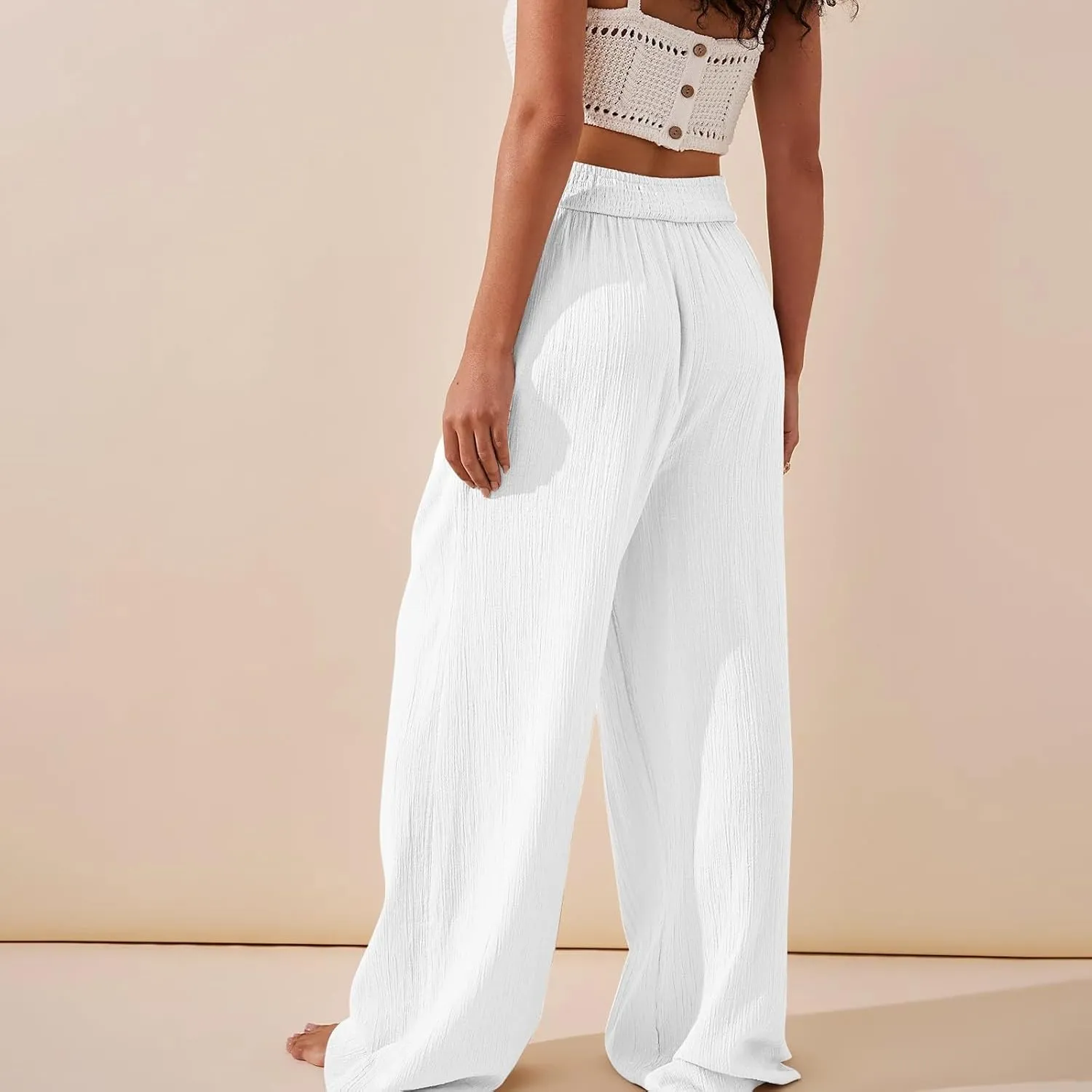 Wide Leg Palazzo Pants for Women Casual Beach Flowy Linen Pants Crossover High Waisted Long Lounge Pants with Pockets