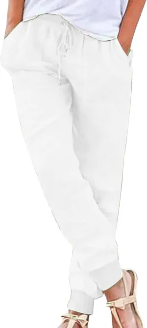 Women Tapered Pant Cotton Linen Drawstring Elastic Waist Pants Summer Casual Classic Petite Trouser Slacks with Pocket