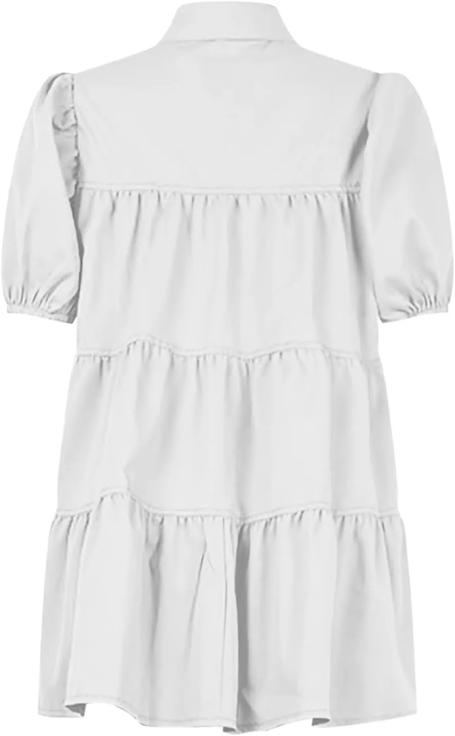 Women's Callor Button Down Puff Short Sleeve Ruffle Hem Loose Mini Dress Lined Midi Dress