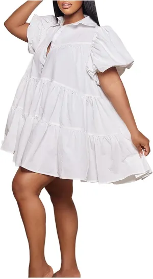 Women's Callor Button Down Puff Short Sleeve Ruffle Hem Loose Mini Dress Lined Midi Dress