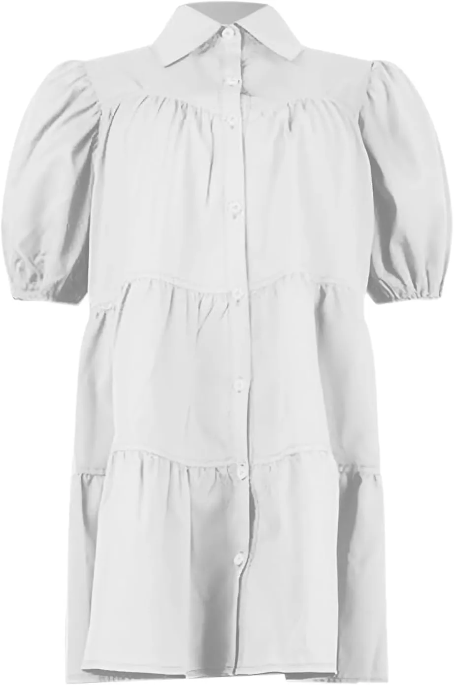 Women's Callor Button Down Puff Short Sleeve Ruffle Hem Loose Mini Dress Lined Midi Dress