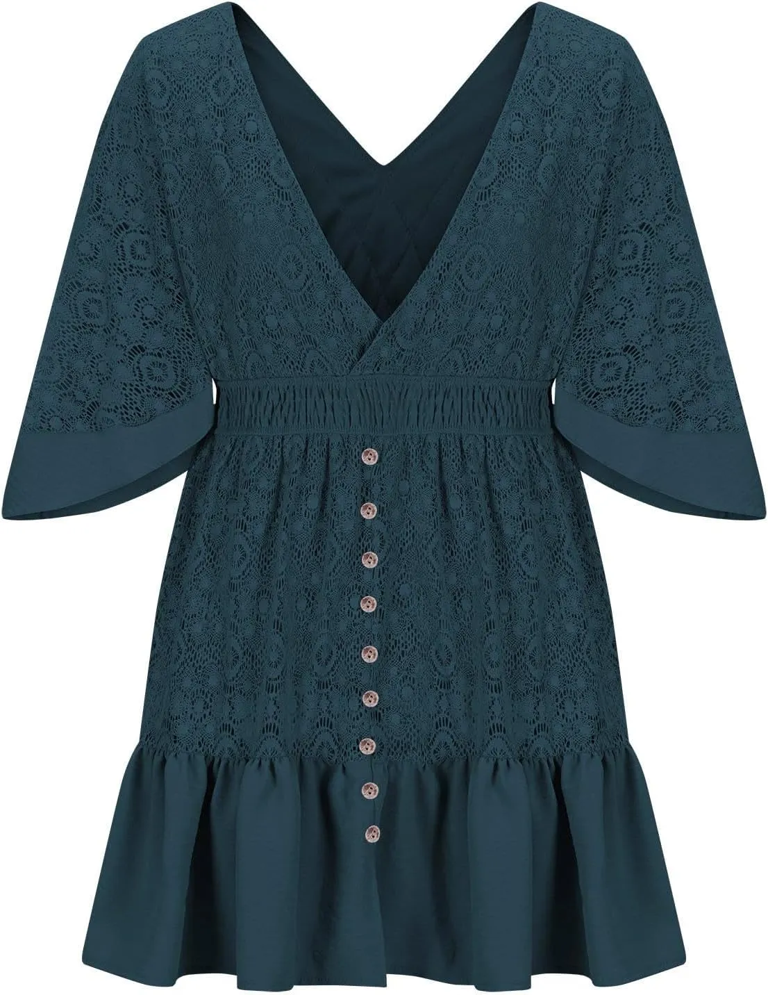 Womens Sexy Lace Dress Short Sleeve V Neck Elastic Waist Boho Summer Dresses Ruffle Mini Dress with Built in Shorts