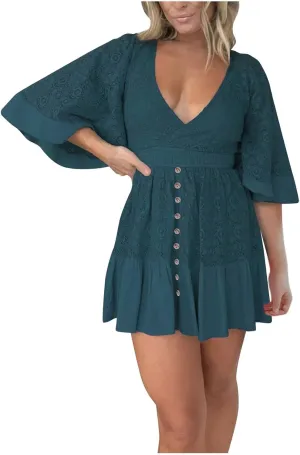 Womens Sexy Lace Dress Short Sleeve V Neck Elastic Waist Boho Summer Dresses Ruffle Mini Dress with Built in Shorts
