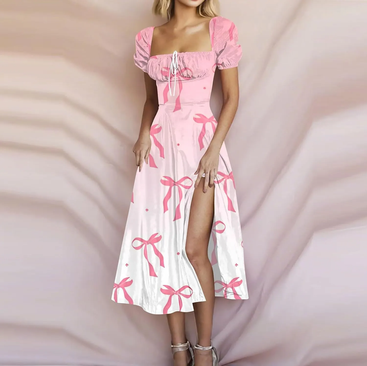 Women's Summer Casual Loose Trendy Bubble Sleeve Square Neck Split Bow Floral Print Dresses 2025 Plus Size, XS-3XL