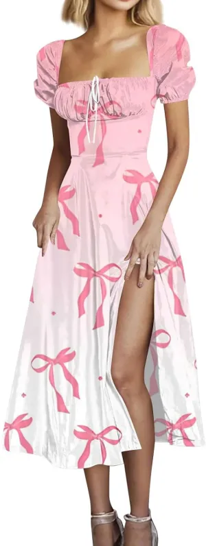 Women's Summer Casual Loose Trendy Bubble Sleeve Square Neck Split Bow Floral Print Dresses 2025 Plus Size, XS-3XL