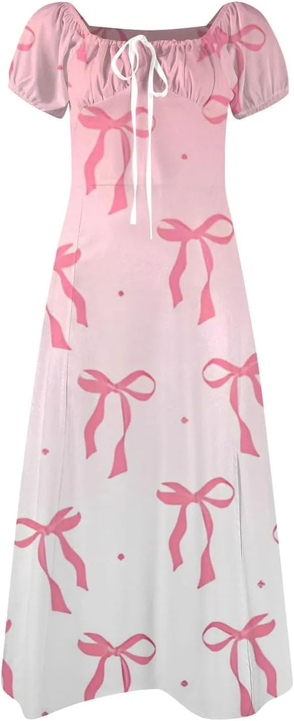 Women's Summer Casual Loose Trendy Bubble Sleeve Square Neck Split Bow Floral Print Dresses 2025 Plus Size, XS-3XL