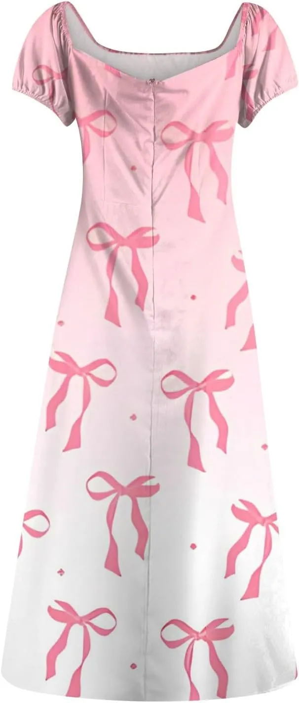 Women's Summer Casual Loose Trendy Bubble Sleeve Square Neck Split Bow Floral Print Dresses 2025 Plus Size, XS-3XL