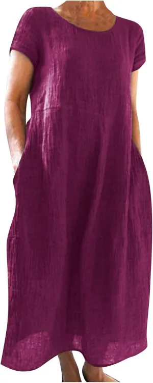 Women's Sundress Casual Loose Swing Solid Color Round Neck Short Sleeve Dress with Pockets, S-3XL