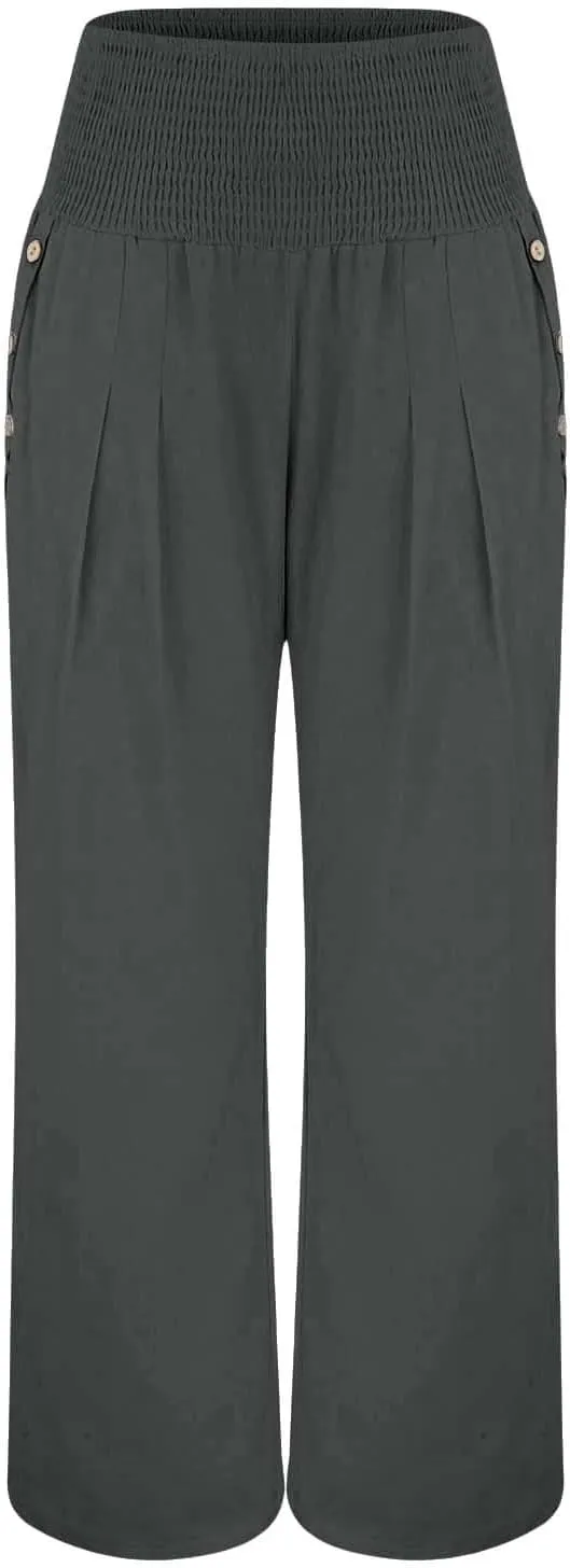 Women'sCasual Linen Pants Linen Wide Leg Pants Women Summer Casual Drawstring Elastic High Waist Summer Palazzo