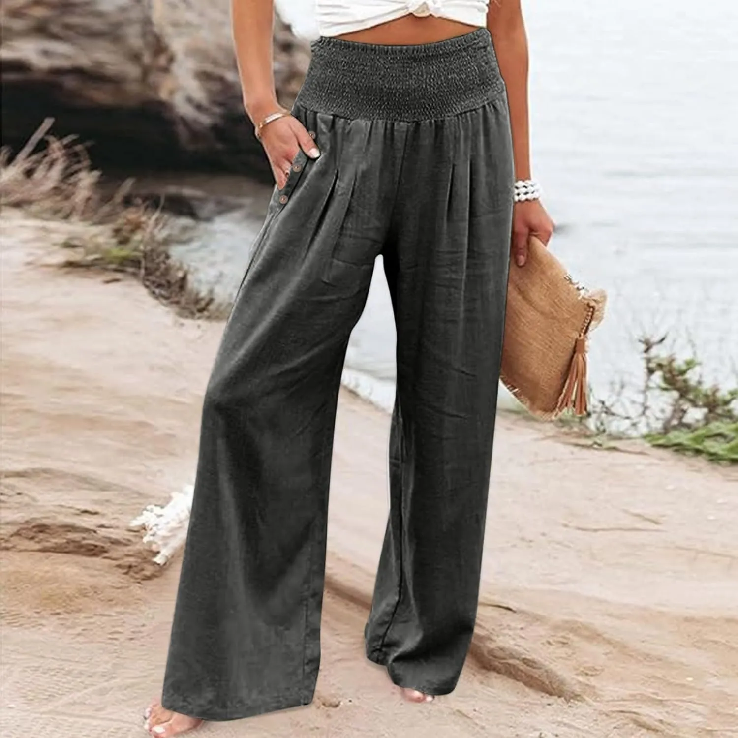 Women'sCasual Linen Pants Linen Wide Leg Pants Women Summer Casual Drawstring Elastic High Waist Summer Palazzo
