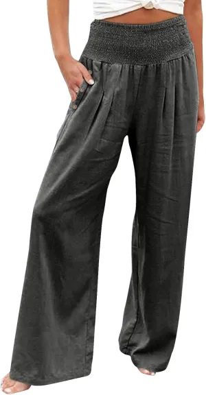 Women'sCasual Linen Pants Linen Wide Leg Pants Women Summer Casual Drawstring Elastic High Waist Summer Palazzo